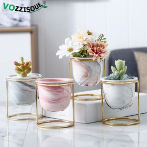 Planters Nordic Style Marbled Gold Iron Frame Ceramic Flower Pot Home Decor Vaso Para Bonsai Balcony Plant Pots for Cactus Wholesale