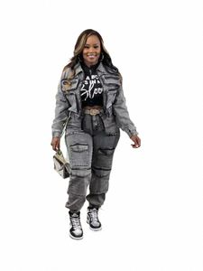 Kvinnor Streetwear Pockets Turn-Down Collar LG Sleeve Zipper Elastic Jackets High midjebyxor Suits Fi Denim 2 Piece Set X1fe#