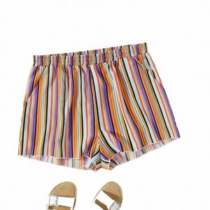 plus Size Rainbow Stripe Print Casual Summer Shorts Women Elastic Waist Loose Floral Print Shorts Female Large Size Beach Shorts G4MG#