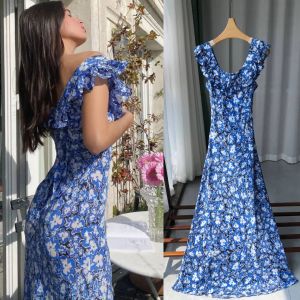 Französischer eleganter Stil, blauer Schneeflocken-Druck, Sommer-Damenkleid, diagonal geschnitten, Taillenschnitt, Seide, ärmellos, knöchellanges Kleid