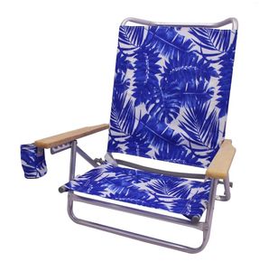 Camp Furniture Wood Arm Reclining Lay-Flat Beach Chair Outdoor Pool Side Chaise Lounge Foldable Camping Blue Palm