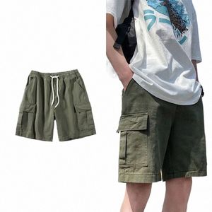 Shorts Men Summer Cargo Fi Loose Oversize Students Casual Japanese Trendy All-Match Ins Kne-Length Elastic Midjekläder F8BB#