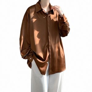 Korean FI Ice Silk Shirts For Men 2023 Spring Summer Solid Color LG Sleeve Casual Loose Butt Up Shirt 5XL-M C0NN#