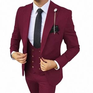 Männer 3 Stück Set Jacke + Hose + Weste 2024 Hochzeit DR Eleganter Anzug für Männer Weinrot Single Butt Fi Blazer Busin Sets P7dw #