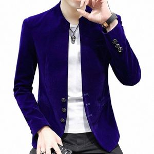 Royal Blue Luxury Elegant Veet Blazers Uomo Slim Fit Vintage England Gentleman Dr Giacche Velour Claret Red Mandarin Collar E6DE #