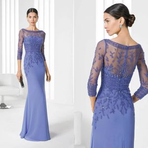 Chic Purple Mother of the Bride Dresses Jewel Long Sleeves Illusion Appliced ​​paljetter Bärda Moderklänning Golvlängd Bröllop Gästklänning