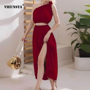 Work Dresses Spring Solid Color Lady Elegant Two Piece Set Fashion Diagonal Shoulder Butterfly Strap Sexy Split Womens 2024