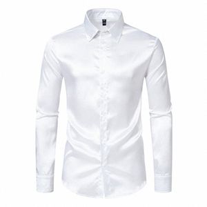 sofisticado Satin Silk Butt Down Dr Shirt Slim Fit Lg Sleeve Ideal para festas e eventos 106 caracteres U0W6#