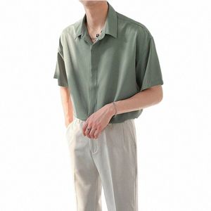 Summer Thin Short Sleeve Silk Shirt Men Top Quality Korean Fi Loose Casual Solid Color Trend High-End Drape Butt Up Shirt E7V2#