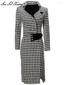 Work Dresses Seasixiang Fashion Autumn Plaid Tweed Suit Women Long Sleeve Double Breasted Short Coat Pencil Skirt Office Lady 2 Pieces Set