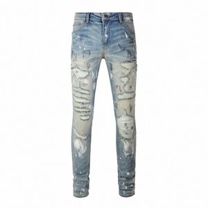 men Holes Ripped Stretch Denim Jeans Streetwear Distred Painted Skinny Tapered Pants Vintage Trousers a89O#