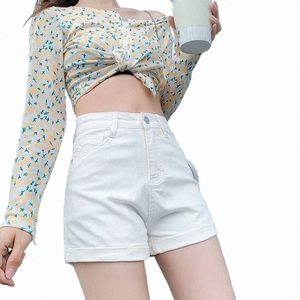 shorts Women Solid Simple White High Waist Trendy Denim Elegant Preppy Holiday All-match Summer Design Clothing Daily Stylish c7dX#