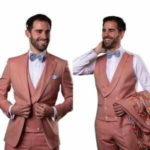 Costumed Coral Red Men's Suit 3 Pieces Blazer Vest Pants Single Breasted Peaked Lapel Slim Fit Busin Modern Wedding Groom X3My#