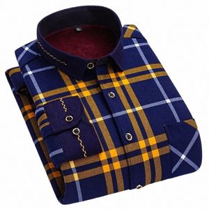 2023 Höst- och vinter Nya män FI Casual Plus Fleece Plaid LG Sleeve Shirts Thicken Warm High Quality Shirt Top L-5XL 93NA#