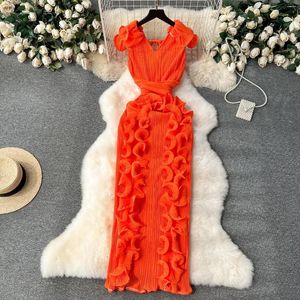 Casual Dresses Clothland Women Elegant Ruffled Midi Dress Sashes V Neck dragkedja Lace Up One Piece Female Retro Vestido QD473