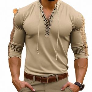 Roupas masculinas camisa sólida streetwear vintage masculino sólido tie-up oco pulôver topos primavera lg manga com decote em v camisetas t 37ds #