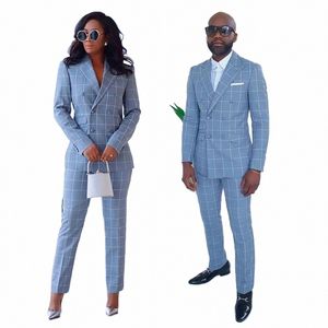 Ternos azuis para casal xadrez padrão duplo breasted pico lapela traje alfaiate roupas elegantes hombres 2 peça jaqueta + calças g11i #