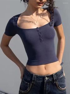 女性用Tシャツ女性ボタンフロントショートスリーブクロップTシャツ