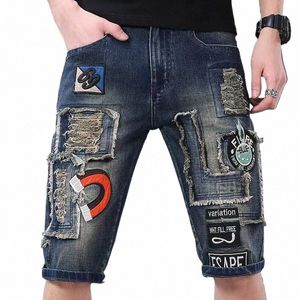 Nya FI-mens rippade korta jeans märke kläder broderat märke 80% Cott Shorts Breattable Denim Shorts Male Storlek 28-36 M9QI#