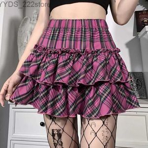 Etekler yüksek bel ince lolita cosplay y2k etek Japon kolej tarzı genç kız ekose kadın goth pembe yq240328