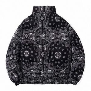 Zima harajuku paisley wzór wyściełanej kurtki mężczyźni ciepłe coW FRS luźne parkas zagęszcza Fi odzież streetwear