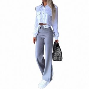 2024 Fall Spring Women Two Piece Set Office Simple Solid Lapel LG Sleeve White Shirt Top Grey Pants Set Blazer Elegant Y2K N4RR#
