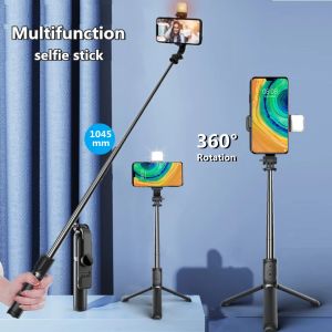 Monopoden Fangtuosi 2021 New Wireless Selfie Stick Tripod Bluetooth Faltenmonopode mit LED Light Remote -Verschluss für das iPhone Großhandel