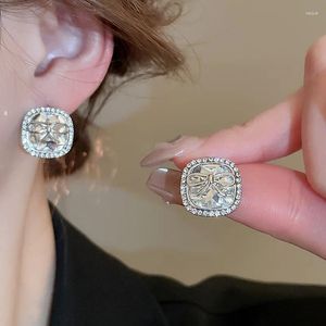 Stud Earrings Sweet Rhinestone Square Bow For Women Light Luxury Temperament Party Jewelry