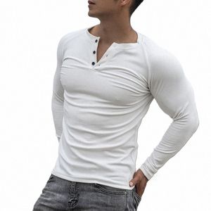 Casual Lg manga Cott T-shirt Homens Ginásio Fitn Musculação Treino Magro camiseta Masculina Sólida Tee Tops Roupas de Treinamento Esportivo T6on #