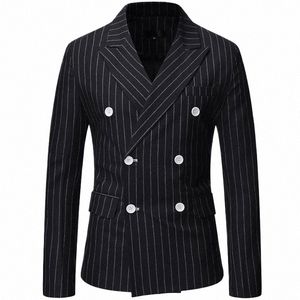 black Striped Men Blazer Fi Double Breasted Mens Suit Jacket Coats Casual Busin Tuexdo Costume Homme Casaco Masculino M8xd#