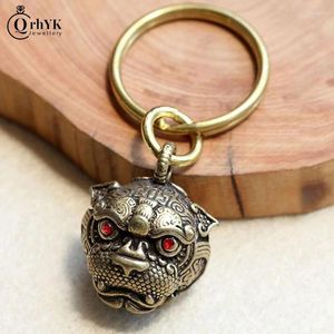 Keychains 1PC Metal Brass Tiger Key Chains DIY Hangings Jewelry Accessories Vintage Figurines Chinese Good Luck Tinkle Bell Charm