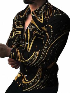 Гавайские рубашки Роскошные золотые рубашки с рисунком Мужская рубашка Fi Рубашка с рукавом Lg Куба с лацканами Пляжная блузка Мужская одежда Перевернуть M8h4 #