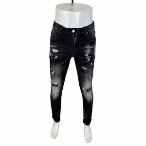 street Fi Men Jeans Retro Black Gray Elastic Stretch Slim Fit Hole Ripped Jeans Men Patched Designer Hip Hop Brand Pants 20p8#