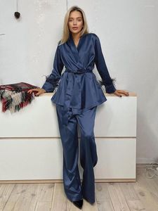 女性用スリープウェアマーサキキファッションナイトウェアセットセクシーなVネックレースアップパジャマの羽長袖パンツレディーススーツ
