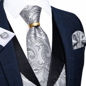 Jacquard Paisley Men's Slim Fit Coletes Silk Sier Vest Luxury Tie Abotoaduras 5 pc Set para Terno de Casamento Casual Busin Colete K6X0 #