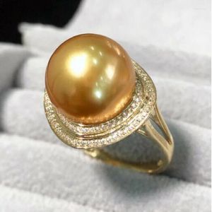 Cluster Rings 11-12mm Autentic South China Sea Gold Round Pearl Ring 925S