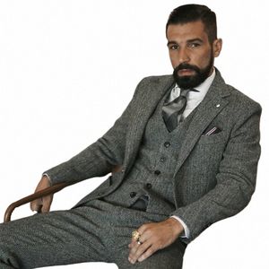 szary wełniany tweed zimowy garnitur dla mężczyzn Herringbe Slim Fit Formal Groom smoking 3 -części