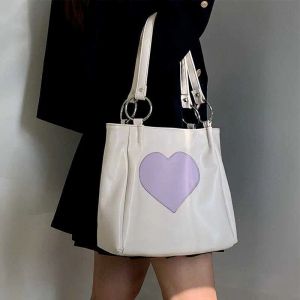 Axelväskor harajuku kawaii kvinnor japanska söta hjärta lolita tyg damer handväskor 2023 stor shoppare med blixtlås 230309