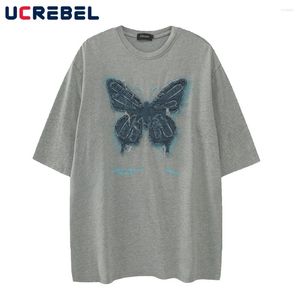 Men's T Shirts Butterfly Patch Short Sleeve T-shirt Mens Y2k Streetwear Summer Crew Neck Half-Sleeve Loose Cotton Tee Men