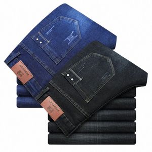 2023 Primavera Fi Homens Stretch Jeans Casual Busin Marca Regular Fit Calças Clássico Masculino Roupas Azul Preto Denim Calças 96Yb #