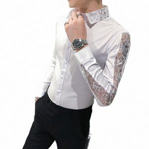 Chemise homme fiセクシーなレースLGスリーブ男性用エレガントなシャツスリムフィットカジュアルメンズソーシャルシャツタキシードビッグサイズC2YA＃