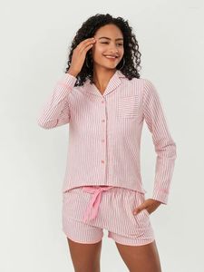 Hemkläder Kvinnor Randig 2 -del Pyjama Set långärmad knapp ner skjorta Elastisk Wiast Lounge Shorts Summer Sleepwear Outfits