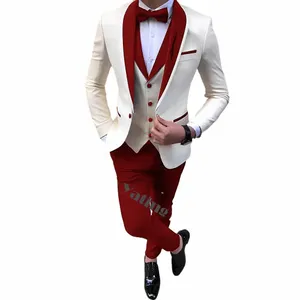 handsome Men Suits 3 Pieces Ivory Blazer Sets Red Shawl Lapel Groomsmen Formal Party Suit Groom Tuxedo For Wedding r2dB#