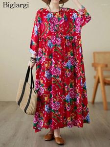 Casual Dresses Spring Autumn Red Flower Print Long Dress Women Modis Pleated Ladies Oversized Loose Sleeve Woman