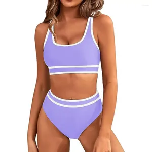 Mulheres Swimwear Mulheres Two-Peça Swimsuit Elegante Bikini Set Com Cintura Alta Briefs Sem Mangas Tanque Top Color Block Para O Verão