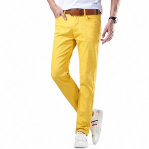 classic Style Men's Jeans Fi Busin Casual Straight Slim Fit Denim Stretch Trousers Green Yellow Red Brand Male Pants 698b#