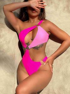 Kobiety stroje kąpielowe 2024 Women Swimsuits pusta stroje kąpielowe na jednym ramię bikini kobiet jeden kawałek Patchwork Monokini Sexy Bathing Suit T240328