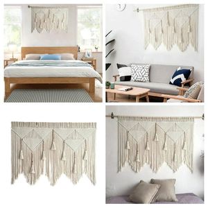 Tapestries Boho Macrame Woven Tapestry Beige Wall Hanging Handmade Cotton Tassel Christmas String Beads Wire Glass Vase
