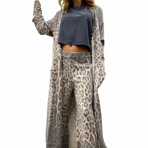 Two Piece Set Women Leopard Print LG Cardigan V Neck Full Sleeve Tops Wide Leg Pants Suits Midi midja Hösten Löst fit 214q#