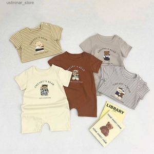 Футболки, лето 2023, новый детский комбинезон с короткими рукавами, милый принт медведя для новорожденных мальчиков, повседневный полосатый комбинезон, хлопковая одежда для малышей 0-24M24328